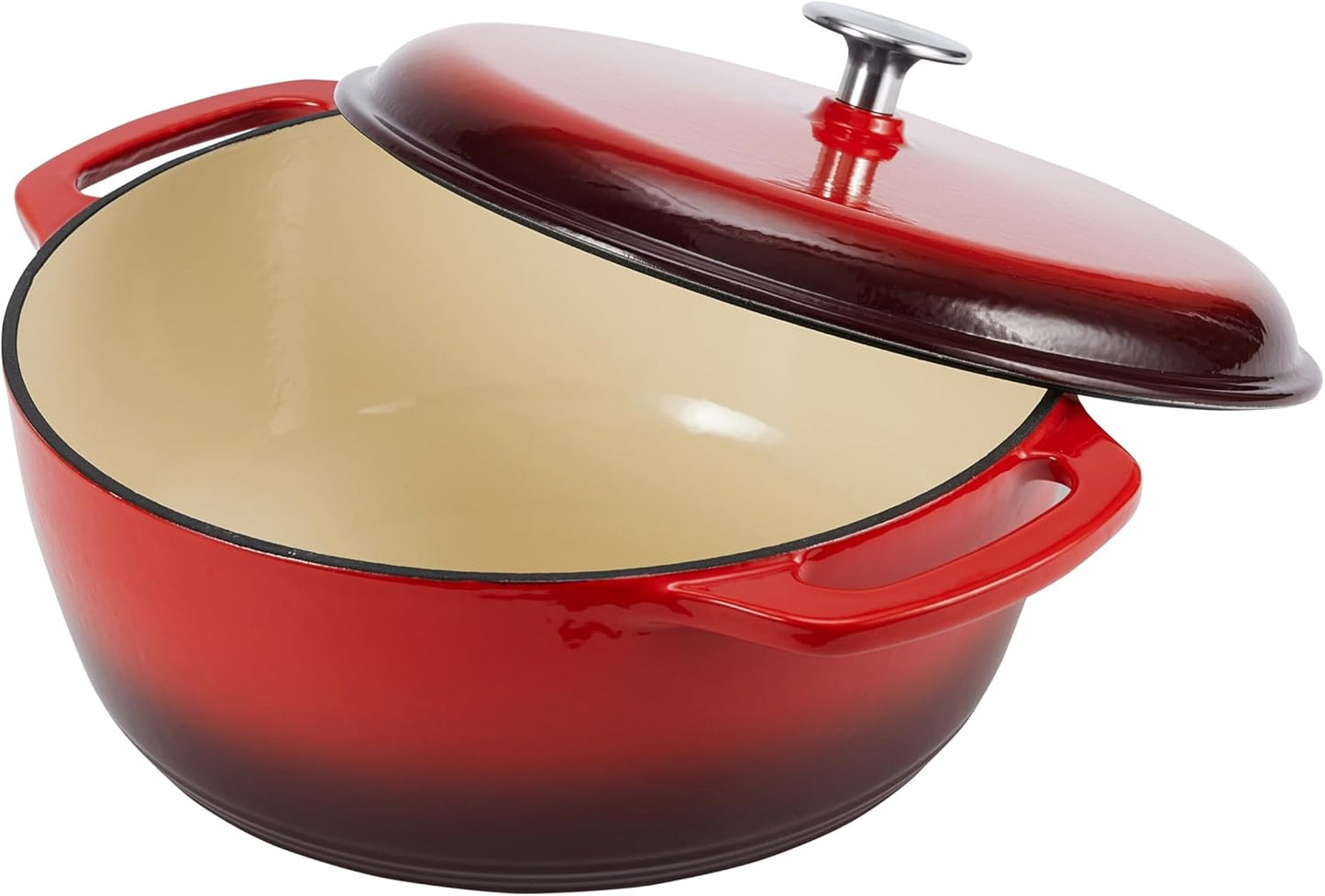 Amazon Basics Cast Iron Dutch Oven Pot with Lid, Enameled, Round, Dual Handles, Heavy-Duty, Large, 7.3-Quart, Red