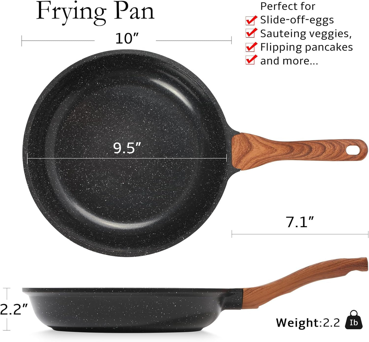 ESLITE LIFE Nonstick Ceramic Frying Pan Skillet, Non-Toxic Egg Omelette Kitchen Cooking Pans Compatible with All Stovetops (Gas, Electric & Induction), PTFE & PFOA Free (Black, 9.5'')