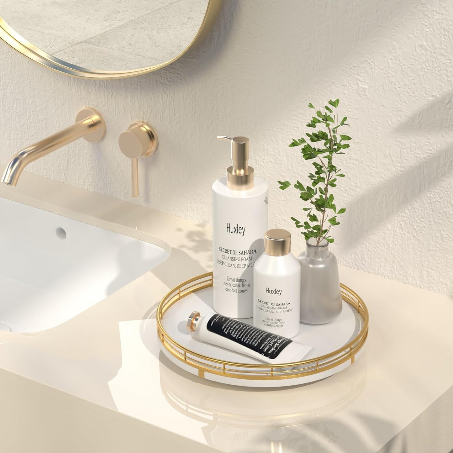 10" Wooden Lazy Susan Turntable for Cabinet – Rotating Spice Rack Organizer, Small Kitchen Countertop Tray for Dining Table & Pantry Storage (White & Gold)