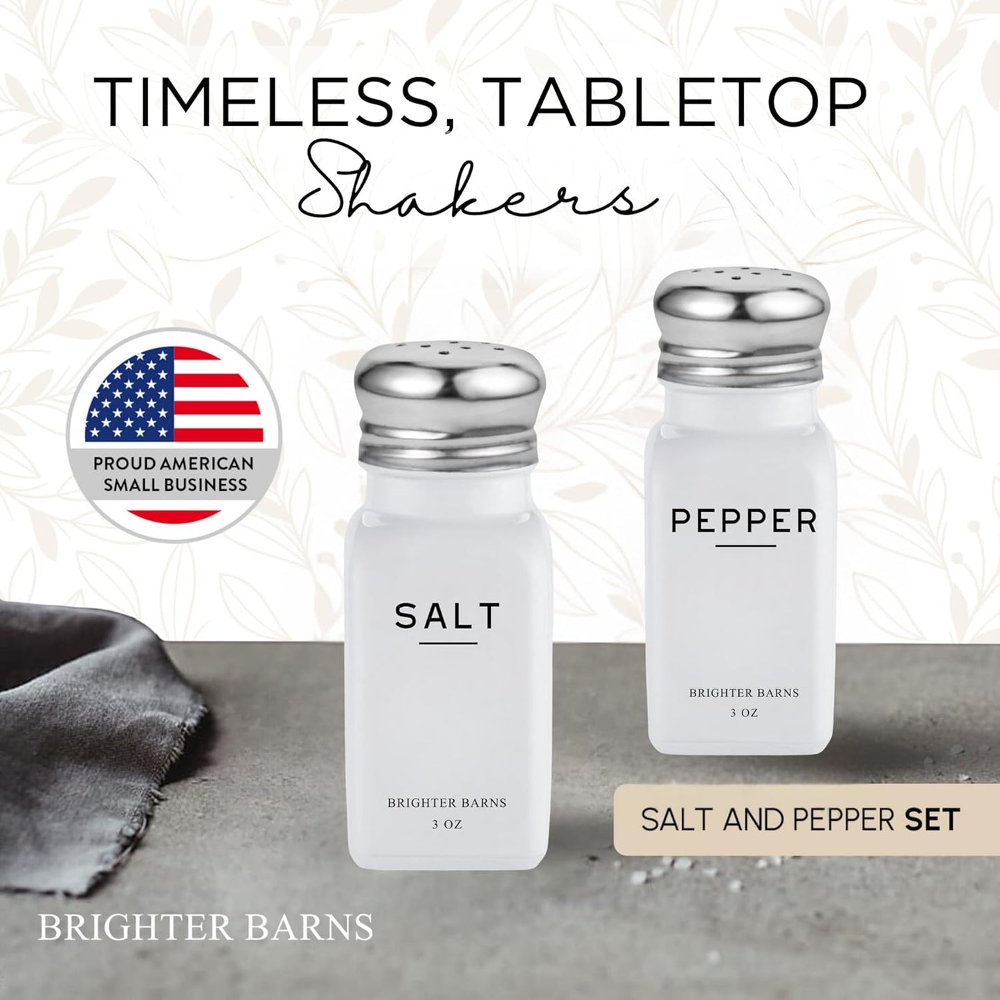 White Salt and Pepper Shakers Set by Brighter Barns - Dining Table Decor, Countertop Accessory - Neutral Minimalist Glass Salt Shaker - Modern Kitchen Accessories for Restaurant, Hotel, Airbnb (White)