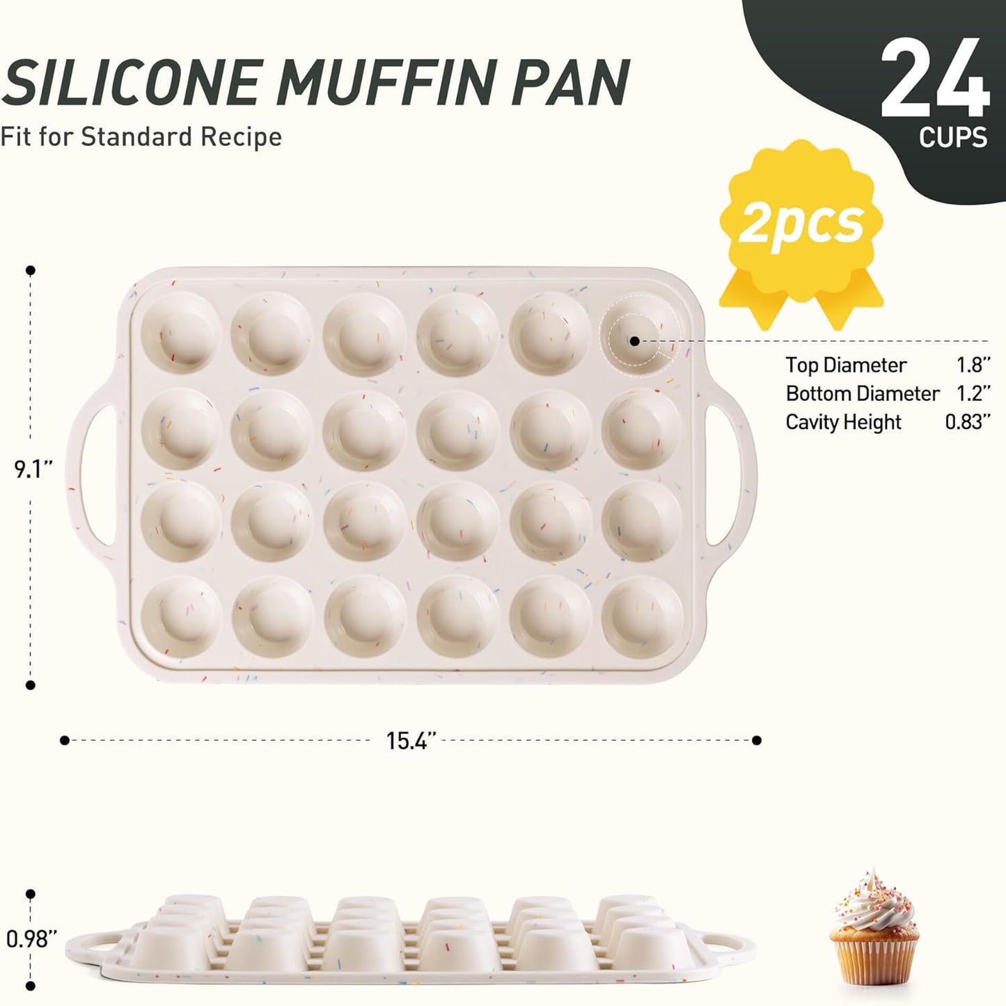 2 Packs 24 Cups Silicone Muffin Pan with Metal Reinforced Frame Mini Size Cupcake Pan Tray Egg Bites Silicone Circle Cookie Molds Muffin Tin Tart Pans Baking Sheet Set for Breakfast Sandwiches