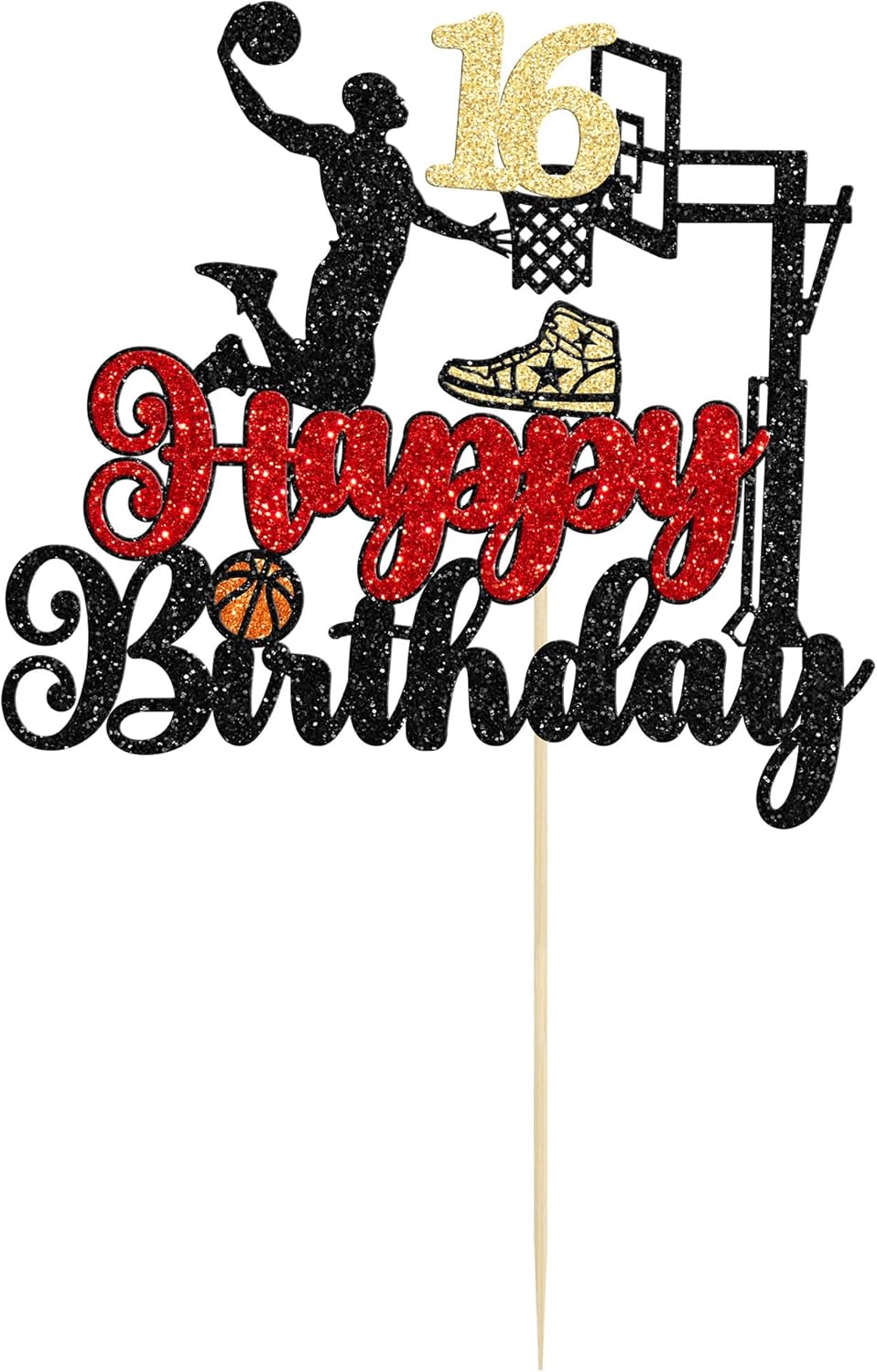 1Pc Cheers to 16 Years Birthday Cake Topper Glitter Hello 16 Sweet 16 Cake Pick Sixteen Years Old Birthday Cake Decoration for 16th Basketball Sports Party Supplies Black