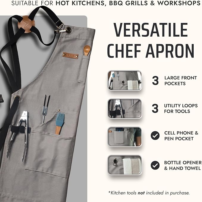 Asaya Chef and BBQ Apron with Bottle Opener and Hand Towel - 10oz Cotton Canvas - Image 2
