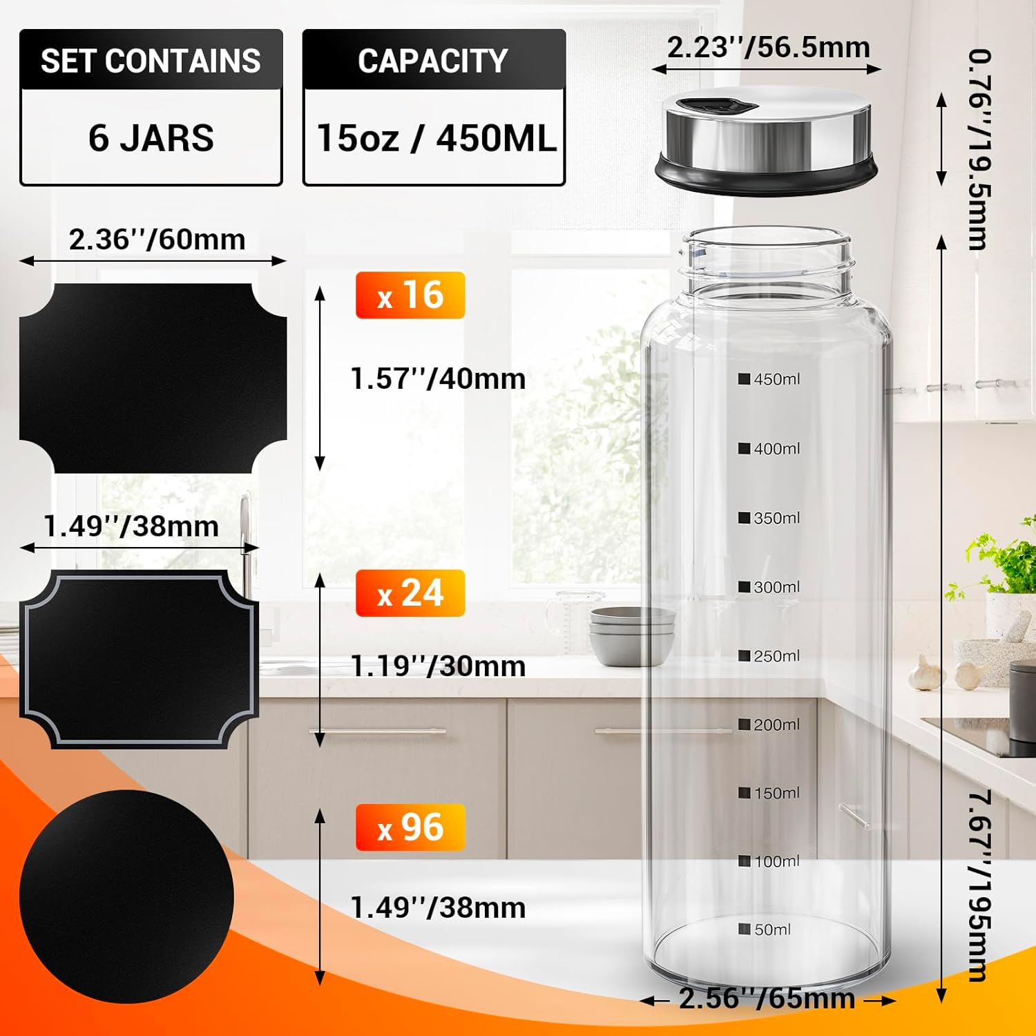 Segarty Glass Spice Jars, 6 Pack 15oz Large Spice Jar with Labels, Clear Empty Spice Containers with Shaker Lids, Salt Pepper Shakers Set Seasoning Bottles with 136 Stickers, 1 Chalk Pen and Brush