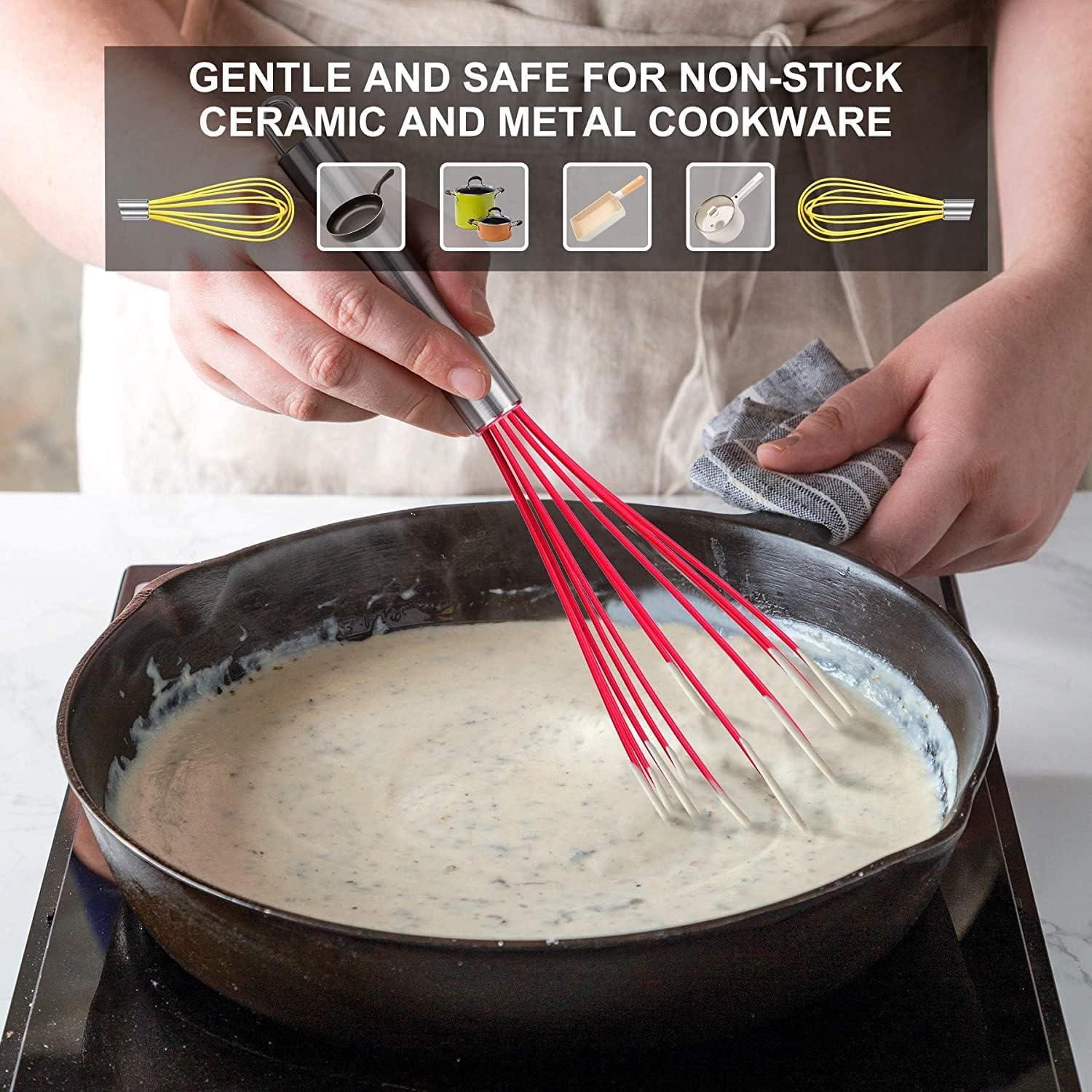 HOTEC 4 Pieces Silicone Whisks Set, Wire Balloon Whisks Egg Beater, Non-slip Handle Whisk for Non-stick Cookware Perfect for Cooking, Stirring, Beating and Blending (Multicolor)