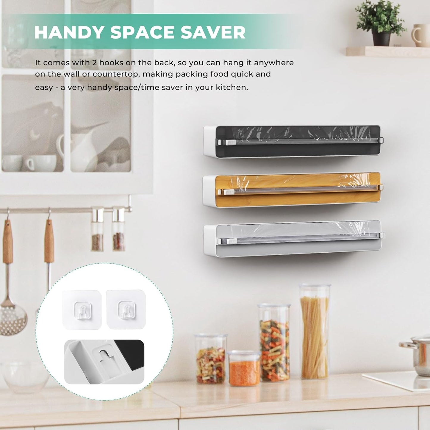 Magnetic Plastic Wrap Dispenser with Cutter - Quasziwa Upgrade Practical Refillable Cling Wrap Aluminum Tin Foil Organizer for Drawer, Include an Extra Roll of 12"X 164' Food Cling Film - Grey