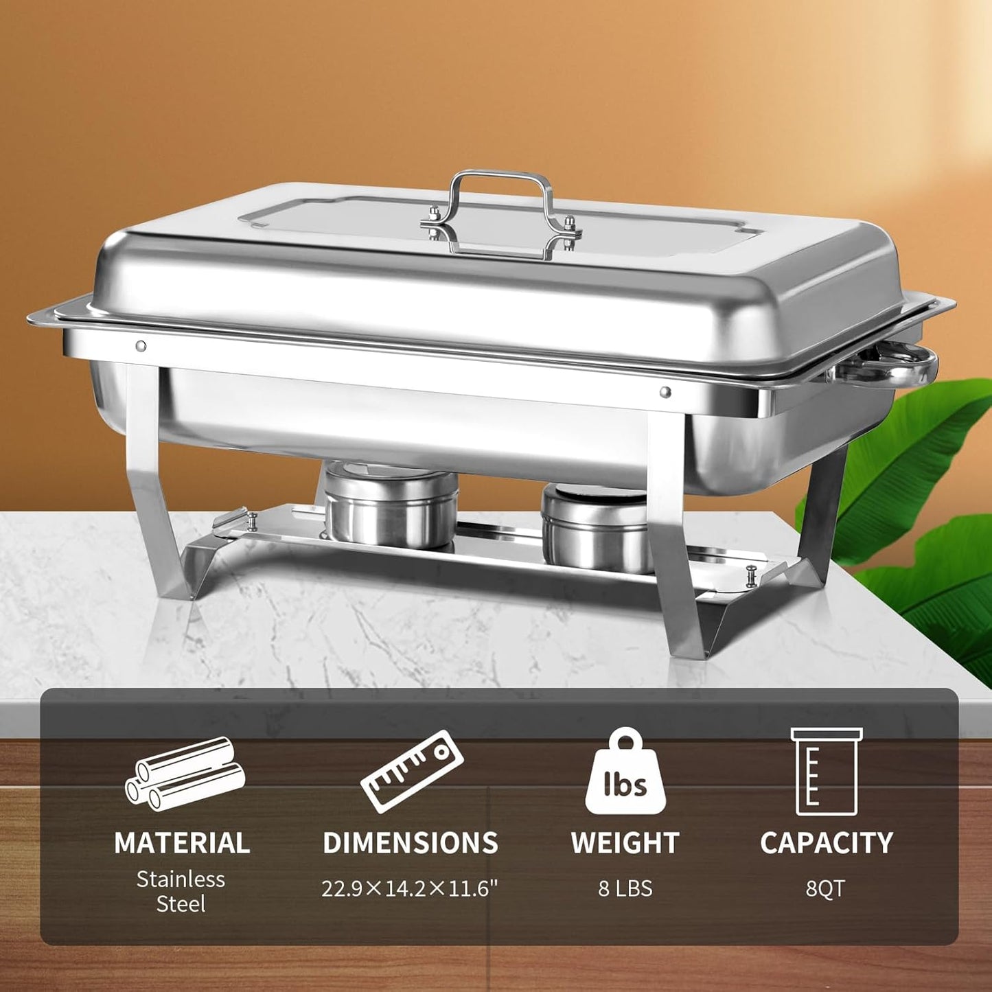 8QT Chafing Dish Buffet Set, Stainless Steel Food Warmer Kit with Lids, Food Pans, Water Pan and Fuel Holders for Restaurant Catering Parties Weddings (1 PC)