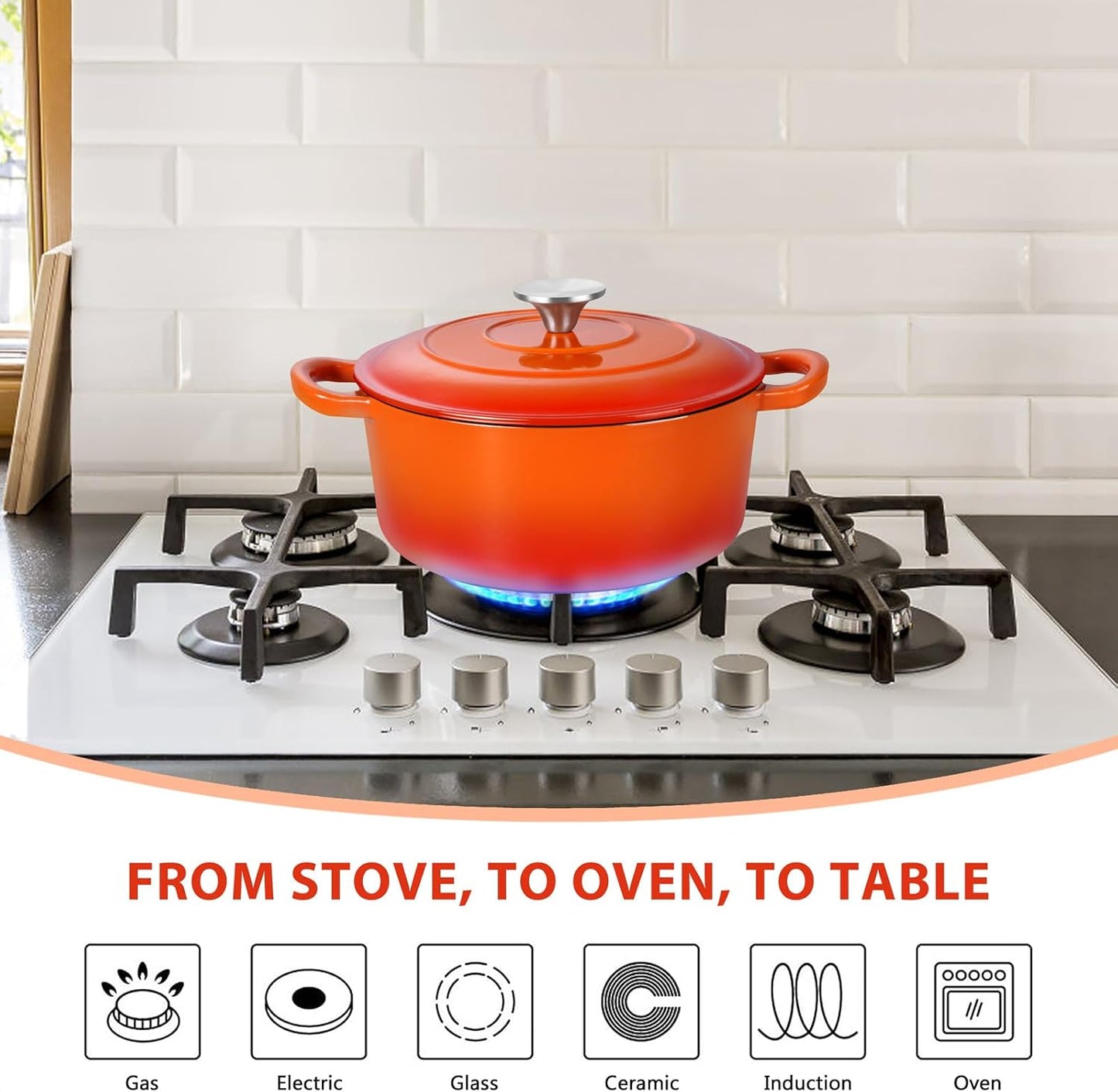 E-far 3 Qt Enameled Cast Iron Dutch Oven with Lid, Small Round Nonstick Dutch Oven Pot for Bread Baking Braising Stews Roasting Cooking, Heavy Duty, Induction & Oven Safe - Orange