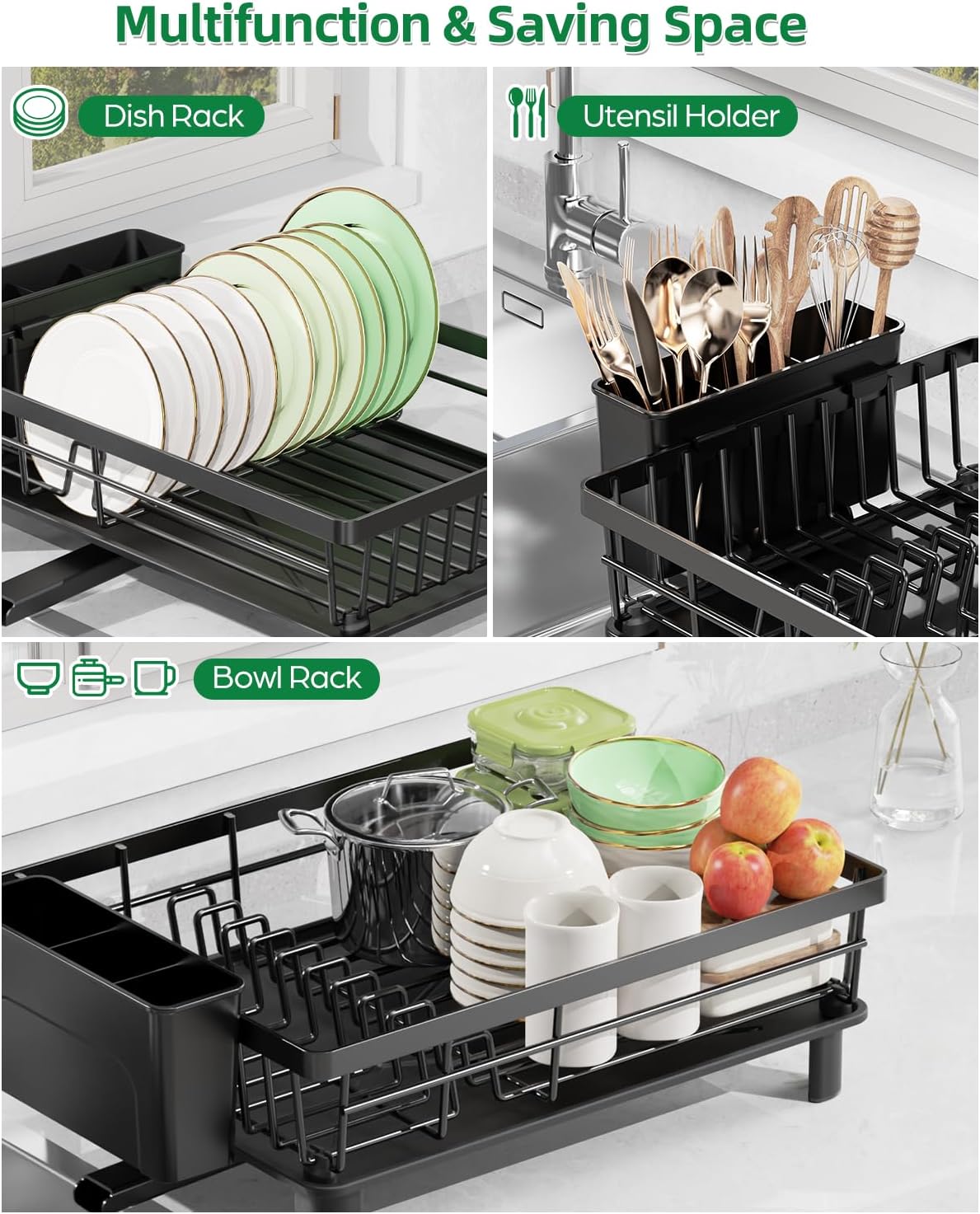 Dish Drying Rack, Stainless Steel Drainer Rack with Drainboard with Smart Drainage System, Space Saving Dish Strainer for Kitchen Counter with Cutlery Holder, Black