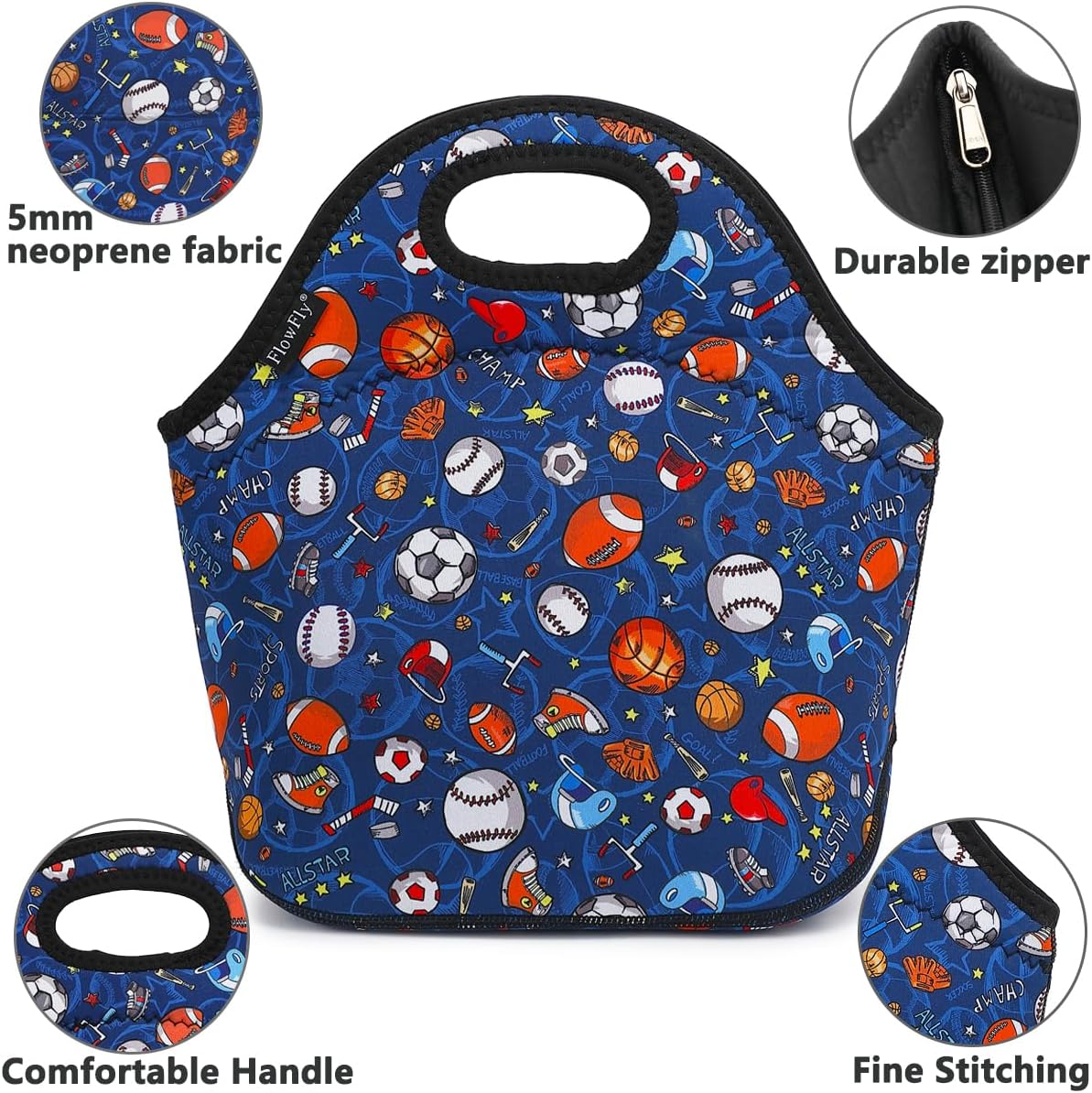FlowFly Neoprene Kids Lunch box Insulated Soft Bag Mini Cooler Thermal Meal Tote Kit for Boys, Girls,Men,Women,School,Work, Office, FootBall