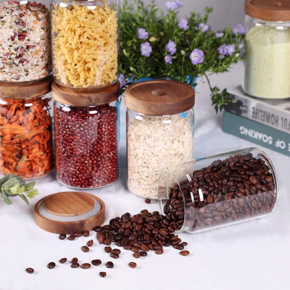 SAIOOL Stackable Kitchen Canisters Set of 8,High Borosilicate Glass Cylinder Airtight Food Storage, sort out the tea, flour, candies, grain easily and clearly