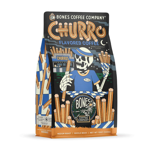 Bones Coffee Company Churro, Sweet Sugary Cinnamon Flavored Coffee, Medium Roast Low Acid Arabica Beans Compatible with Auto drip and French Press Coffee Maker, 12 Oz Whole Bean
