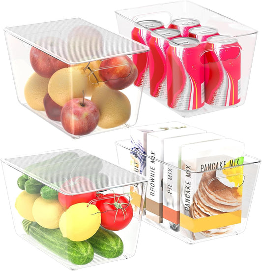 BALEINE Clear Stackable Storage Bins with Lids, Plastic Containers with Handle for Pantry Organizers and Storage, Plastic Bins for Fridge, Kitchen, Bathroom, Cabinet (10x6x5, 4PK)