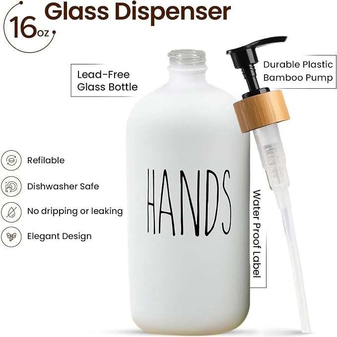 Sunrise Premium 16 OZ Thick White & Black Glass Soap Dispenser, Bamboo Pump - Image 2