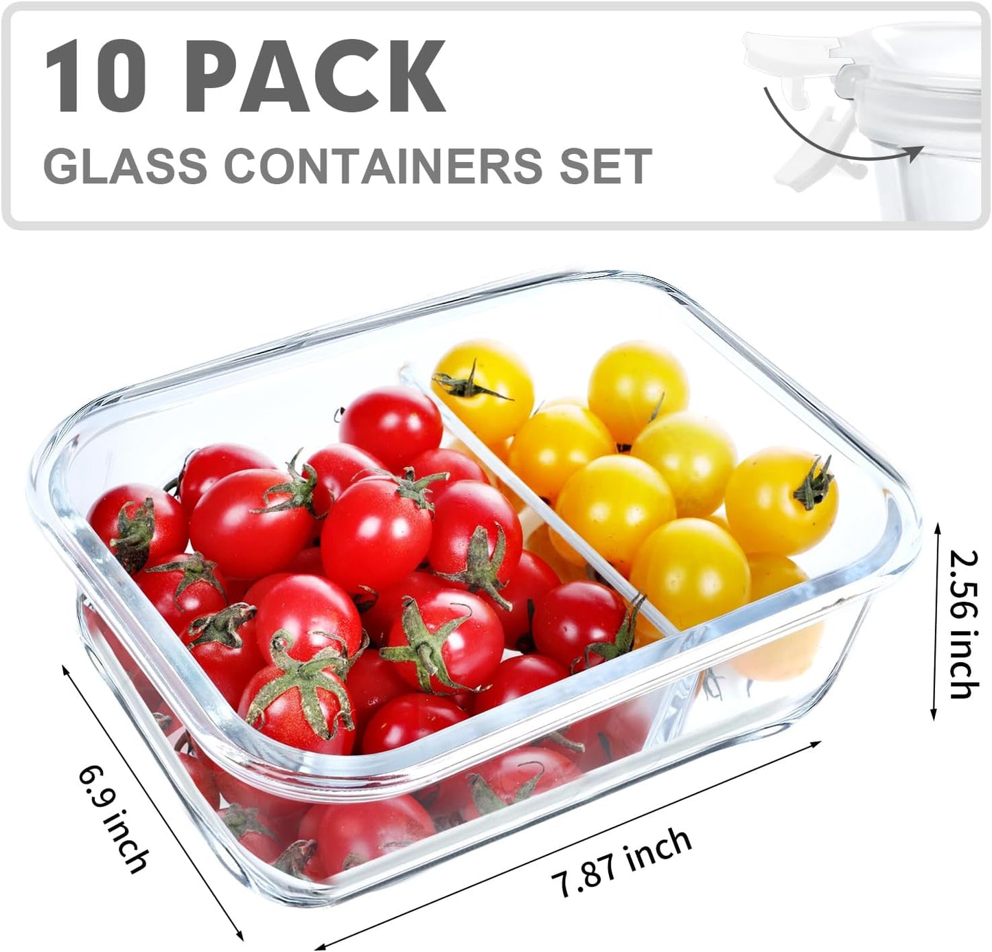 VERONES 10 Pack Glass Meal Prep Containers 2 Compartment Set, 30 OZ Airtight Glass Lunch Containers, Food Storage Containers with Lids, for Microwave, Oven, Freezer & Dishwasher Friendly，White