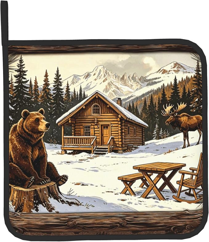 Vintage Oven Mitts and Pot Holders Sets Rustic Cabin Kitchen Gloves Bear Hot - Image 9