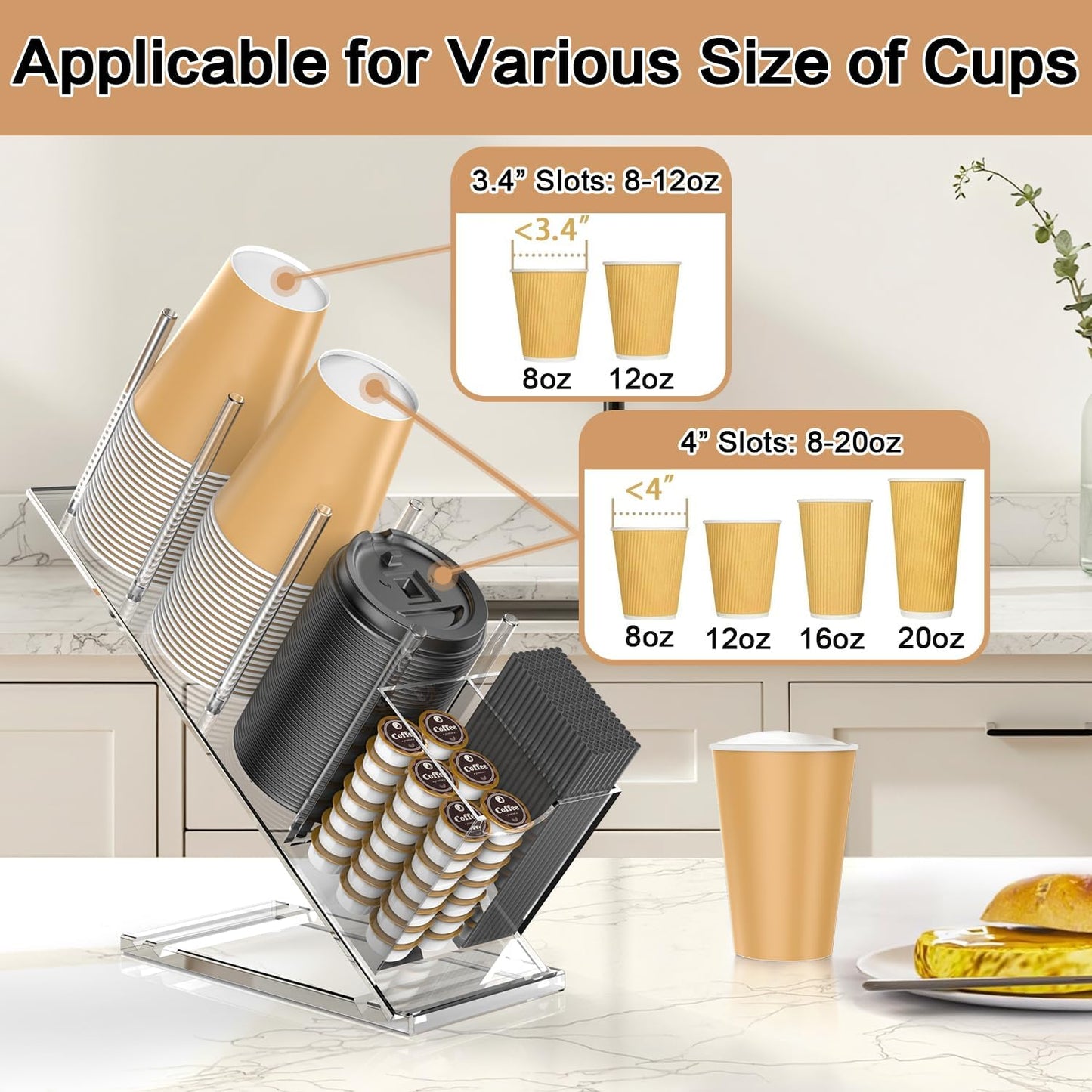 Acrylic Cup and Lid Holder with Straw Organizer, Adjustable Coffee Cup Holder Organizer, 5 Compartment Cup Dispenser for Disposable Paper & Plastic Cups, for Station Home Countertop Bar Breakroom