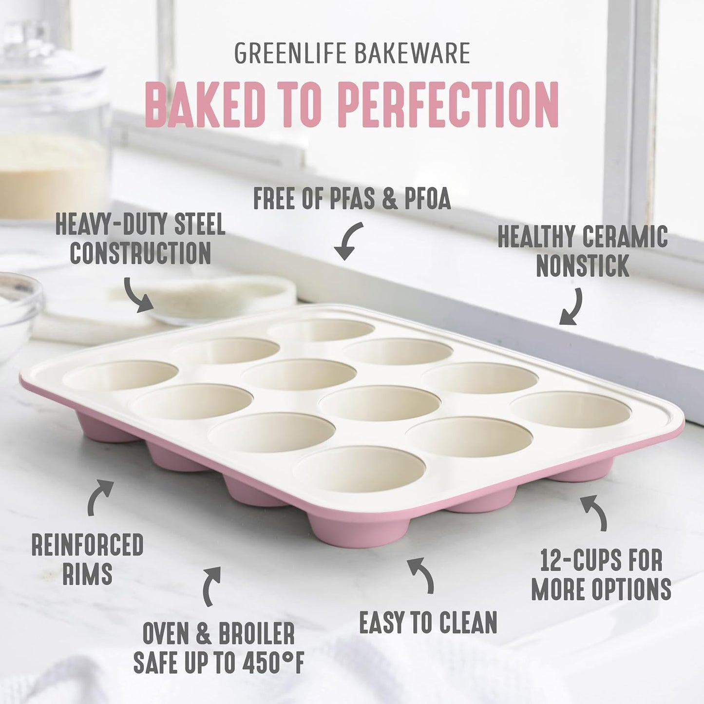 GreenLife 12-Cup Muffin Pan, Healthy Ceramic Nonstick Bakeware, PFOA & PFAS-Free Cupcake Sheet, Durable, Versatile Kitchen Essentials, Easy Clean Muffin Mold, Pink