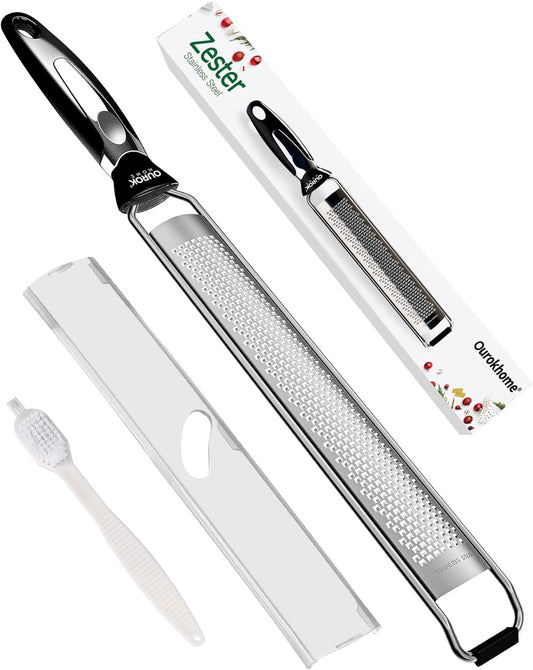 Ourokhome Kitchen Lemon Zester, Stainless Steel Hand Held Parmesan Cheese Grater for Ginger, Chocolate, Coconut, Lime, Nutmeg, Citrus, Fruit, Vegetable with Cleaning Brush, Dishwasher safe, Black