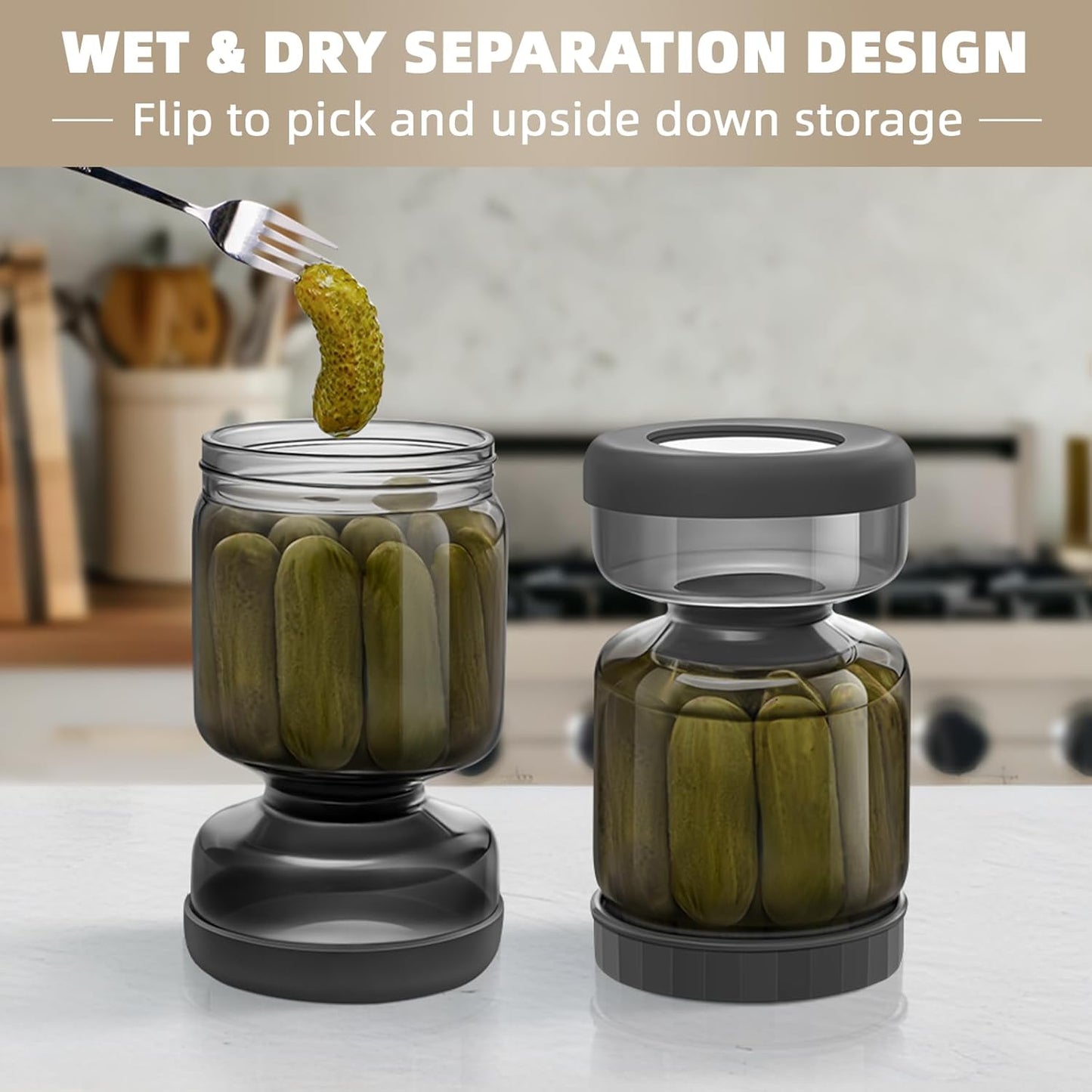 Luvan Pickle Jar with Strainer Flip, 34oz Pickle Container with Strainer, Upside Down Pickle Flip Jar,Glass Pickle Holder with Leakproof Airtight Lid, Hourglass Pickle Storage for Olive,Jalapeno-Grey