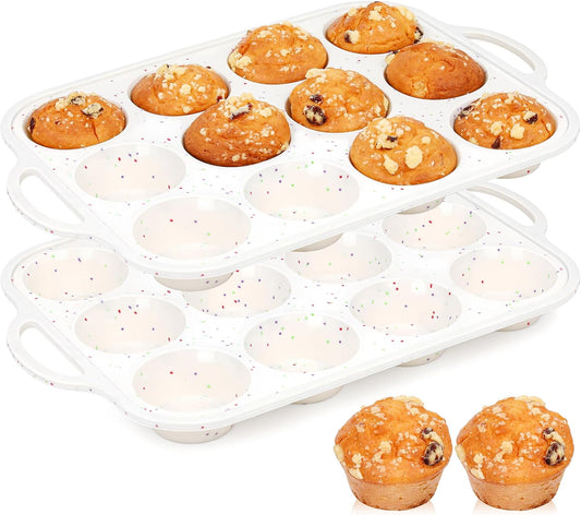 2 Pcs Silicone Muffin Pan for Baking with Metal Frame, Nonstick 12 Cup Regular Size Cupcake Pan, Silicone Muffin Tray for Egg Bites (Cream)