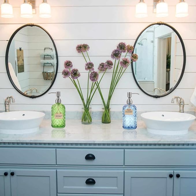 16 oz Diamond Pattern Glass Soap Dispenser, Kitchen and Bathroom Refillable - Image 6