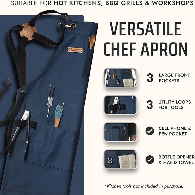 Asaya Chef and BBQ Apron with Bottle Opener and Hand Towel - 10oz Cotton Canvas - Image 2