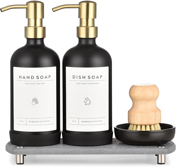 Kitchen Soap Dispenser Set - 16OZ Black Glass Bottle by ORCHID+HOME