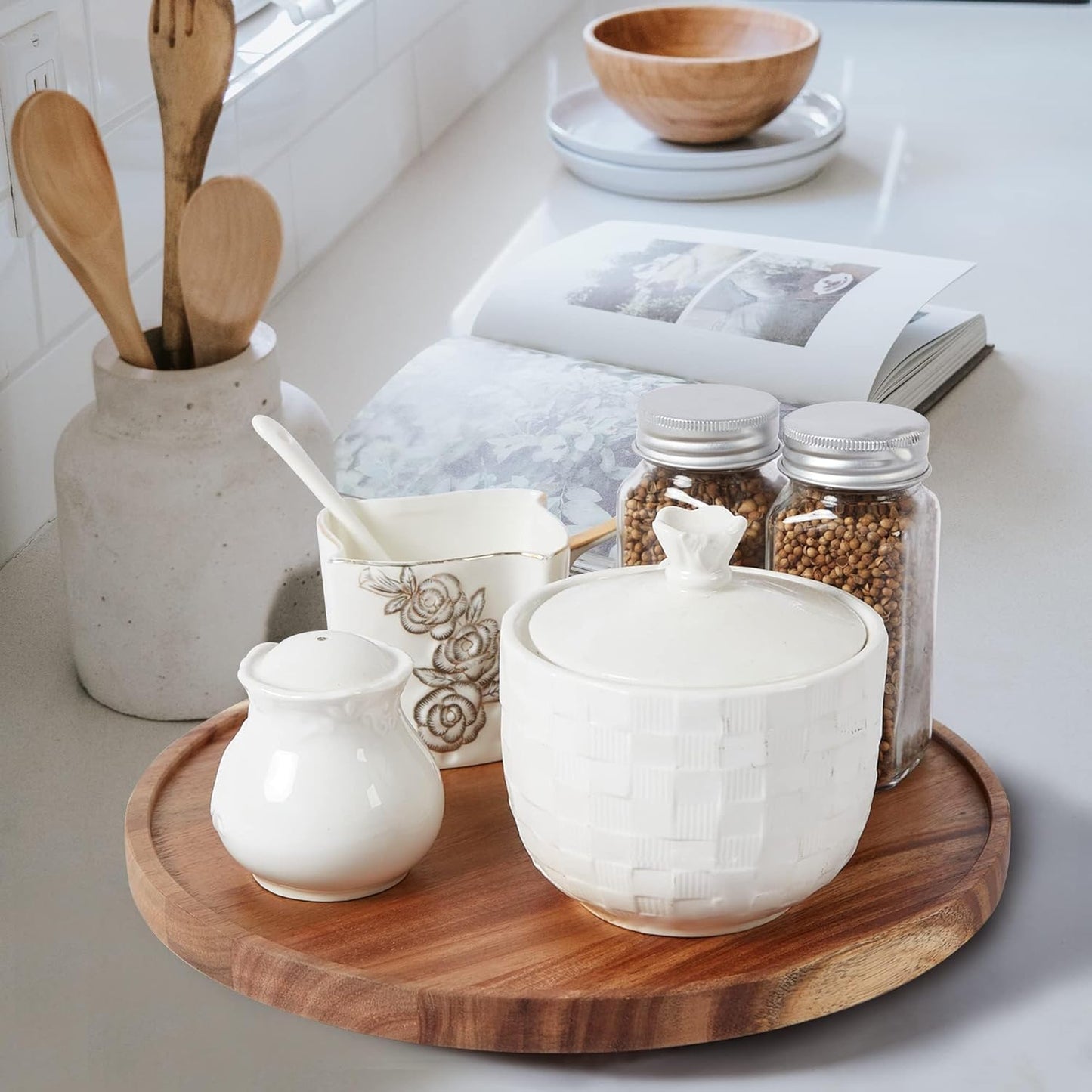 12-inch Acacia Wood Lazy Susan Organizers, ACIAZAAZ Lazy Susan Turntable for Cabinet, Kitchen Turntable Storage for Table, Countertop, Pantry