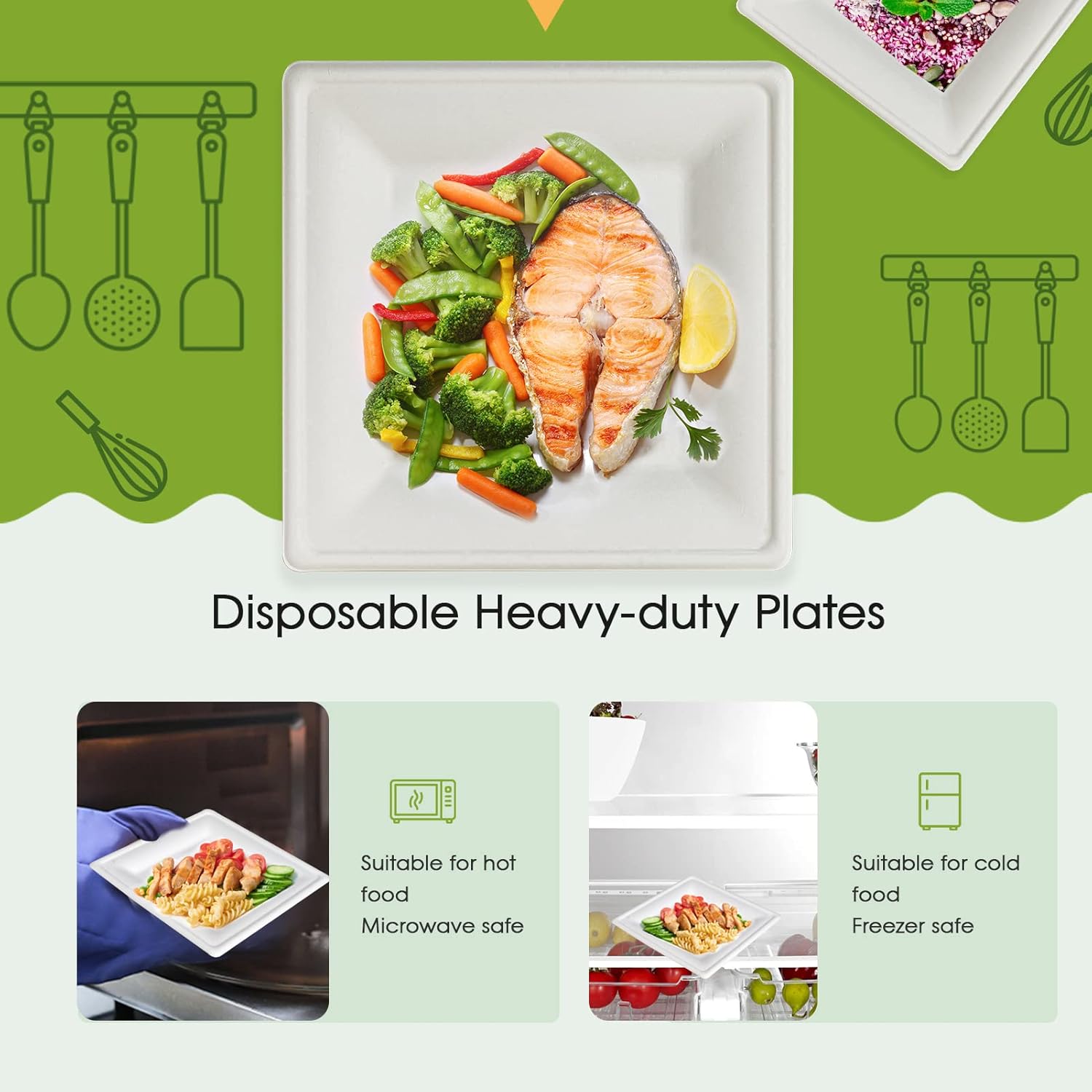 ECOLipak 120 Pack Compostable Paper Plates, 10 inch and 8 inch Heavy Duty Eco friendly Sugarcane Biodegradable Disposable Square Plates for Party Dinner Birthday