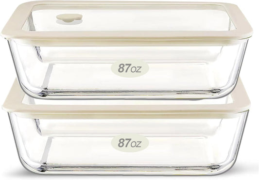 Urban Green Glass Food Container Set with Glass Lid, Large Meal Prep Container Set, Airtight Food Storage Containers with Air Vent Lid, 2 Pack, Large, 87oz, LeakProof, 100% Plastic Free, White color,