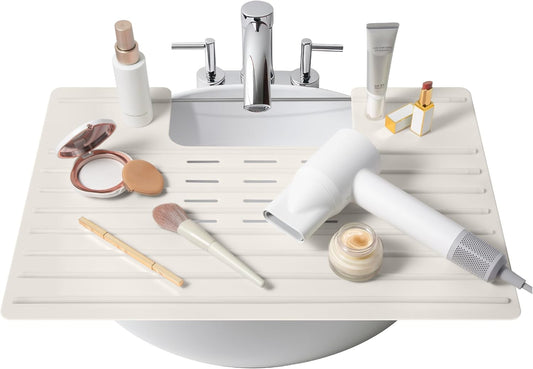Maplefield Bathroom Sink Cover for Counter Space, Heat Resistant Silicone Sink Mat for Your Beauty Routine, Small Bathroom Space Saver Sink Cover for Makeup (Taupe Large, 22 x 2 x 2 Inches)