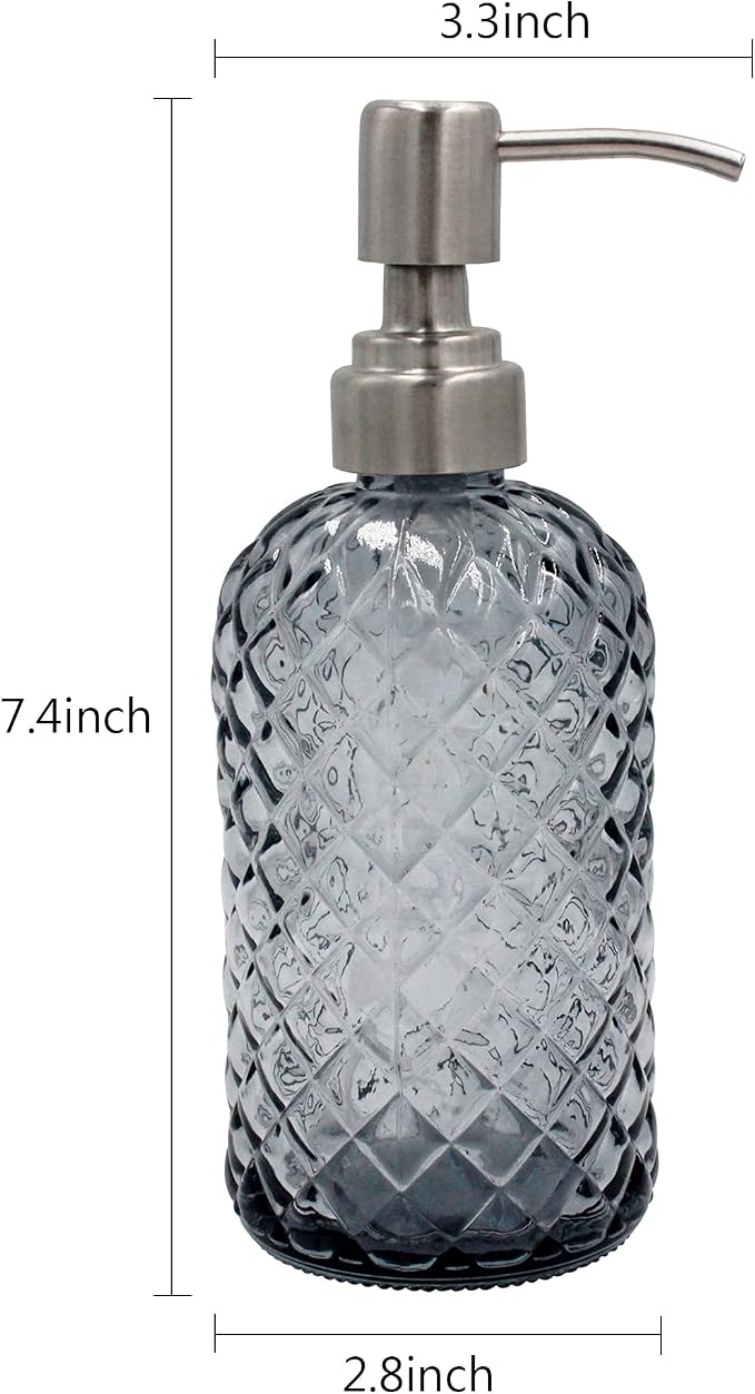 16 oz Diamond Pattern Glass Soap Dispenser, Kitchen and Bathroom Refillable - Image 3