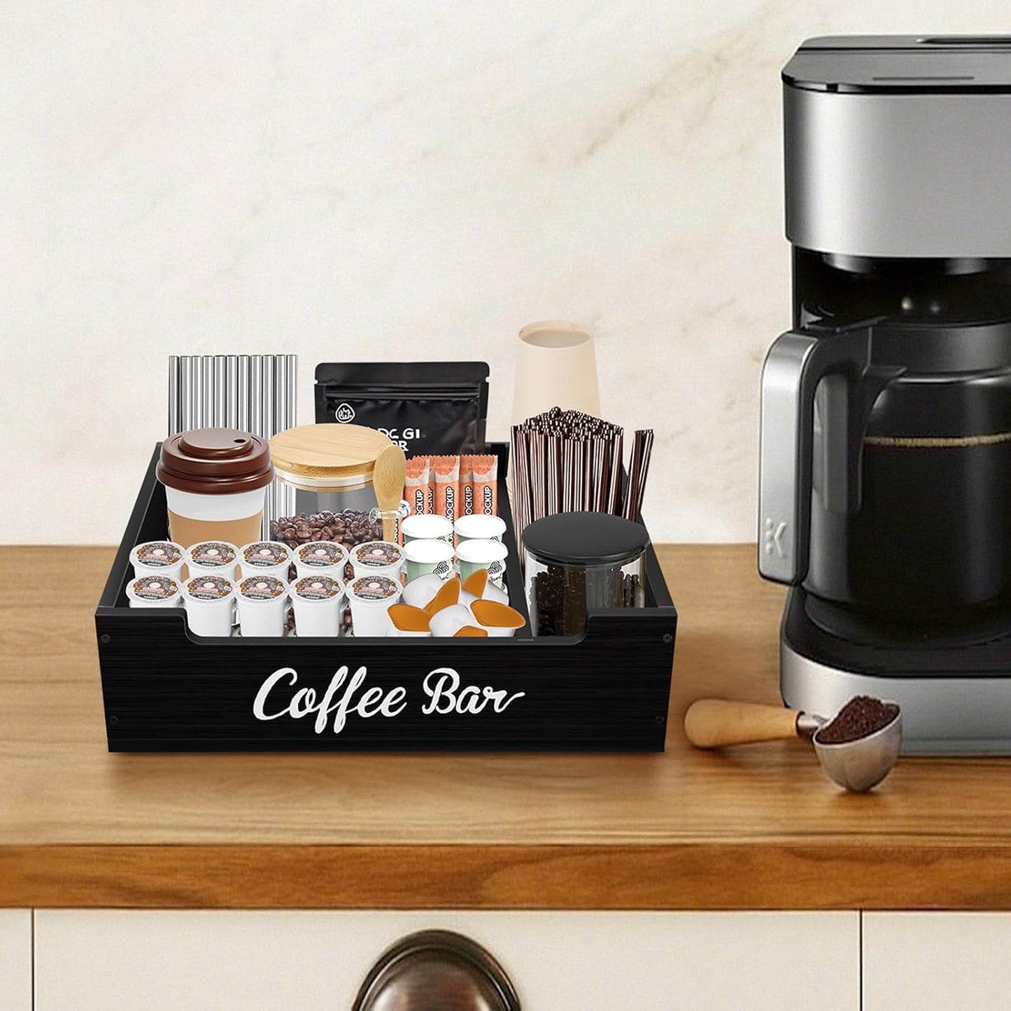 Coffee Pod Bar Station Wooden 14" X 10" X 4" Organizer Box for Countertop, Counter Top Tea Espresso Cup Wood Storage Box, Black