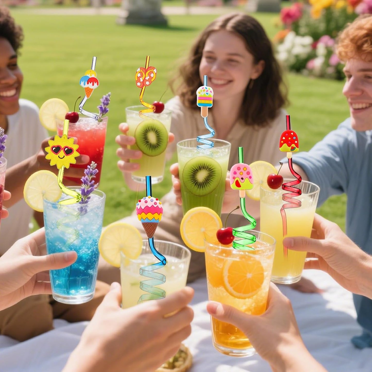 QKP 16PCS Reusable Ice Cream Beach Straws, Swirly Drinking Straws for Party Supplies, Birthday Party Favors with 2 PCS Cleaning Brushes(Blue + Pink)