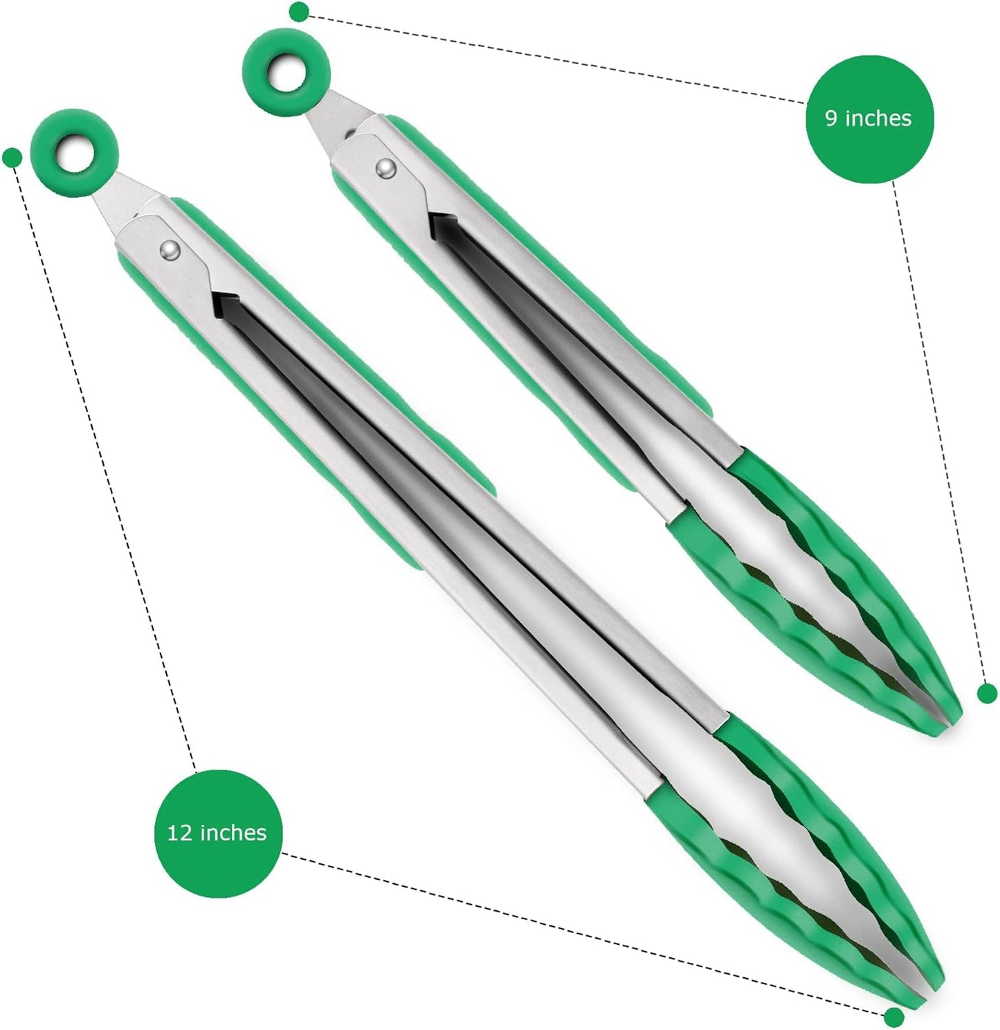 9-Inch & 12-Inch Premium Stainless Steel Food Tongs, Turquoise Silicone BPA Free Non-Stick BBQ Cooking Grilling Locking Kitchen Tong