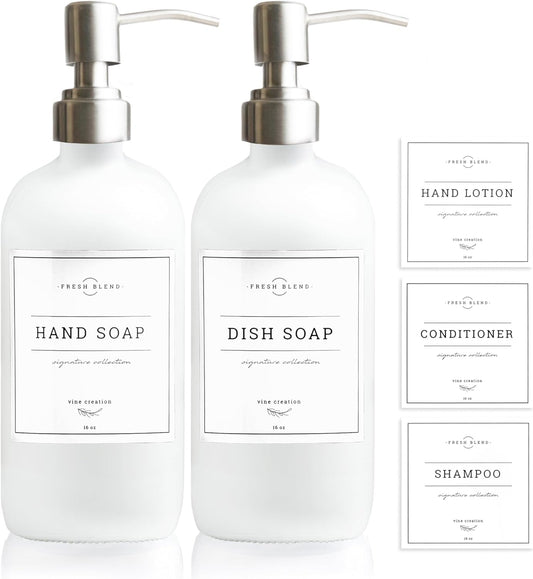 Vine Creations White Glass Soap Dispenser, 2 Pack Kitchen Soap Dispenser Set with Stainless Steel Pump, 16 oz Dish Soap and Hand Soap Dispensers for Bathroom with Waterproof Labels