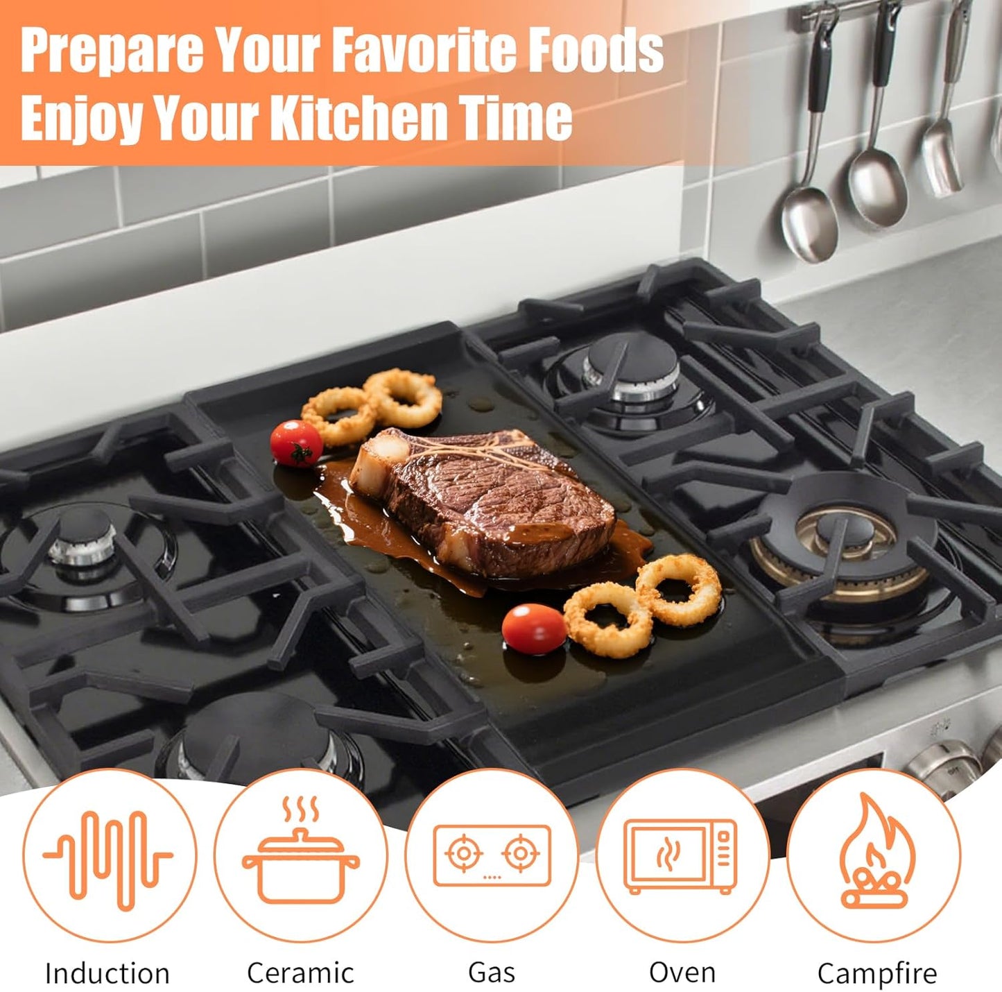 Upgraded Cast Iron WB31X24738 Griddle Replacement for GE Stove – Center Griddle Pan WB31X24998, 19.5"x9.5" Cooktop Griddle Plate, 2pcs Luffa Sponge, Nonstick Flat Top