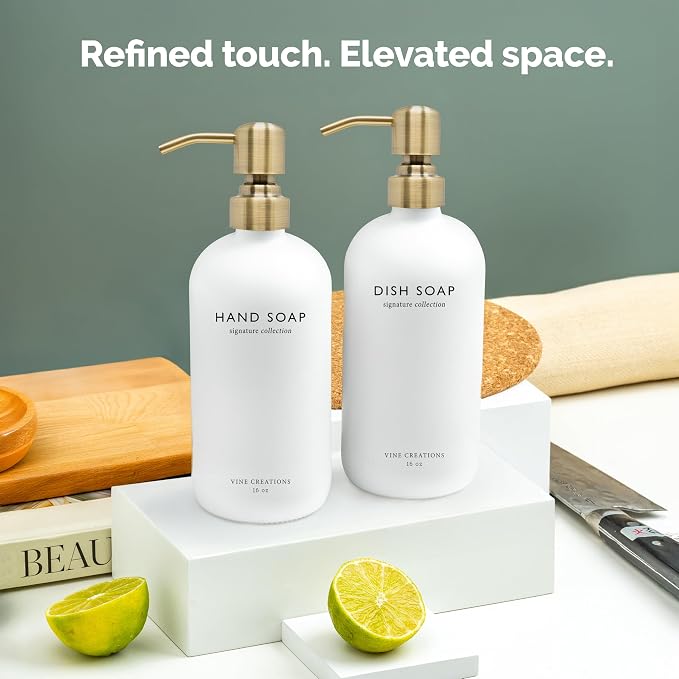 Vine Creations White Glass Soap Dispenser Set, Dish Soap and Hand Soap - Image 6
