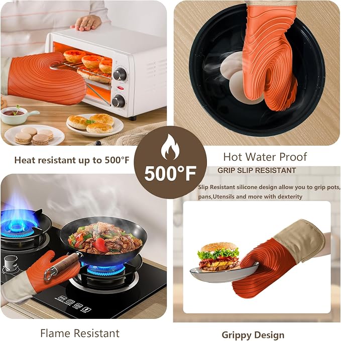 Silicone Oven Mitts-13.6 in Extended Oven Mitts Heat Resistant 500F, Oven Gloves - Image 4