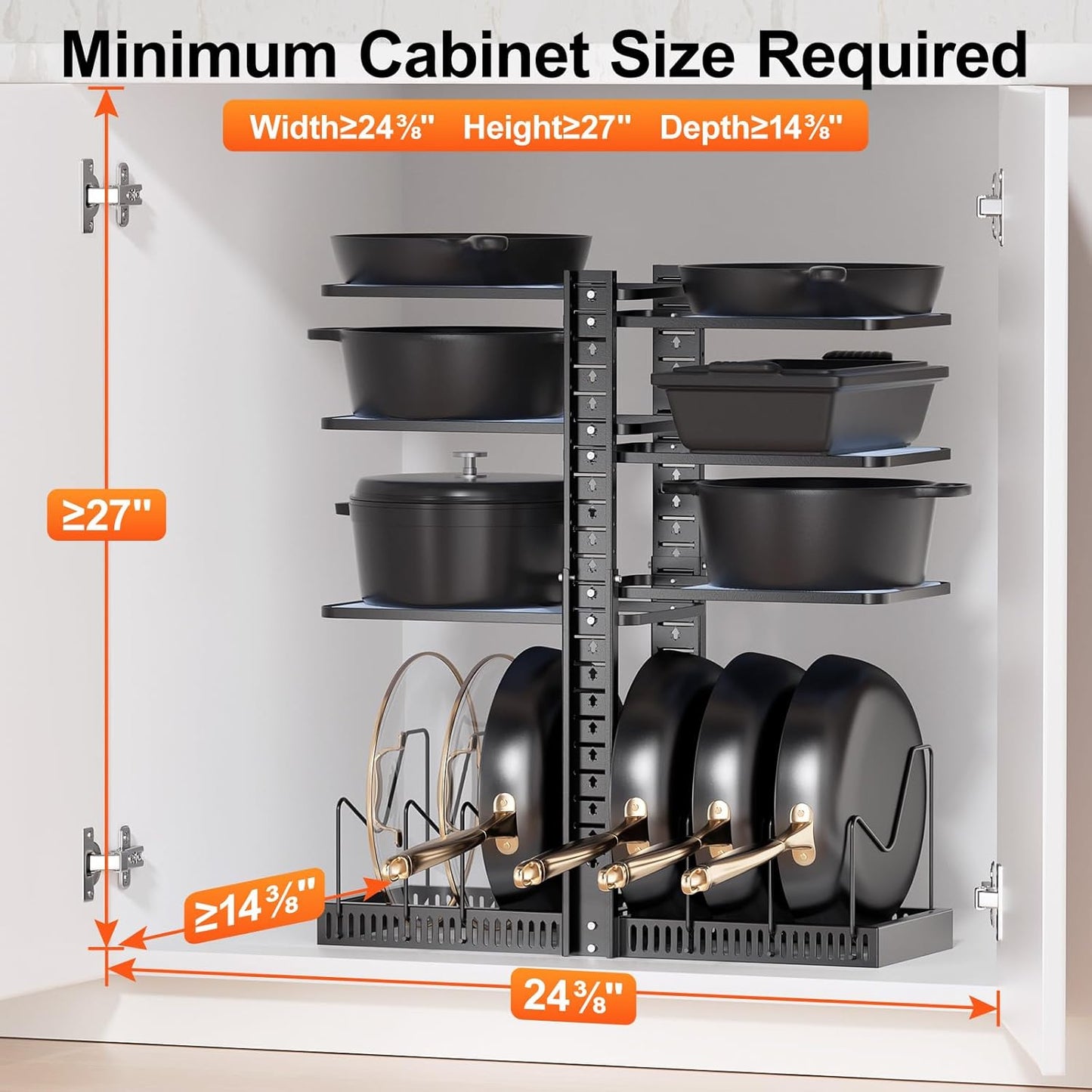 LAMU Pots and Pans Organizer under Cabinet, Pan Pot Organizers inside Cabinet with 6 Shelves and Pot Lid Organizer, Adjustable Height Up to 24", Holds up to 12 Pans Including Cast Iron Pot