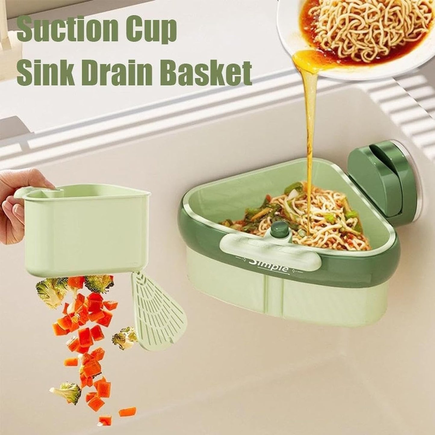 Suction Cup Sink Corner Rack, Curetoaway Corner Sink Strainer, Sink Trash Catcher, Plastic Triangular Baskets Corner Hanging, Rust Resistant, for Kitchen Food Waste (2Pcs Green)