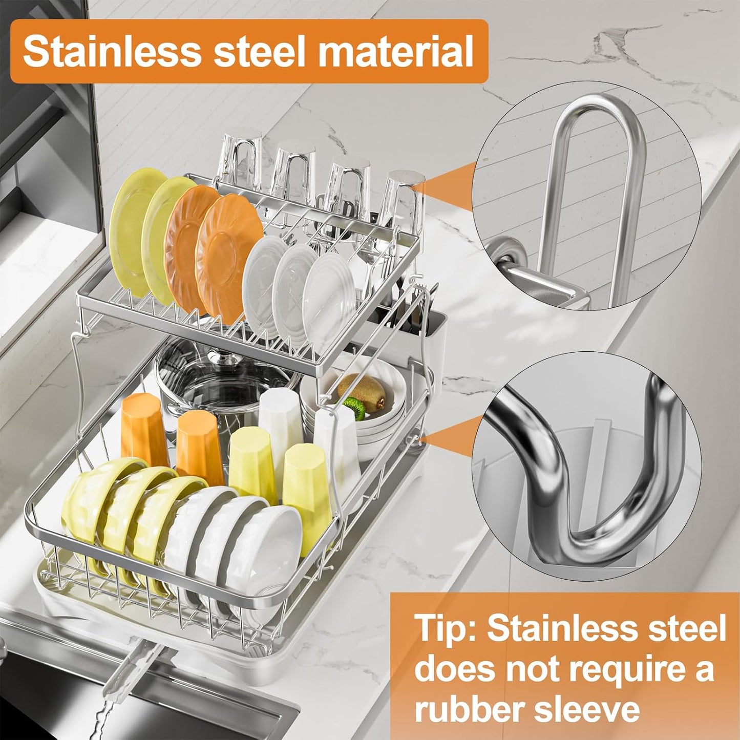 Dish Drying Rack Kitchen 2-Tier 304 Stainless Steel Dish Racks for Kitchen Counter,Strainer with Adjustable Draining Tray,Drying Rack with Water Cup Hook & Cutlery Holder,White