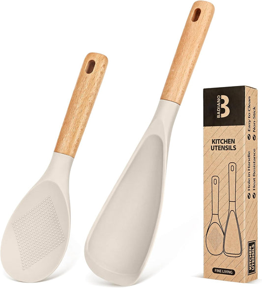 Cooking Spoon and Rice Scooper for Nonstick Cookwares, Great for Cooking and Serving Sturdy BPA-Free Matte Silicone, Wood Handle Spoon for Mixing, Scoop, and Scrape (KHAKI)