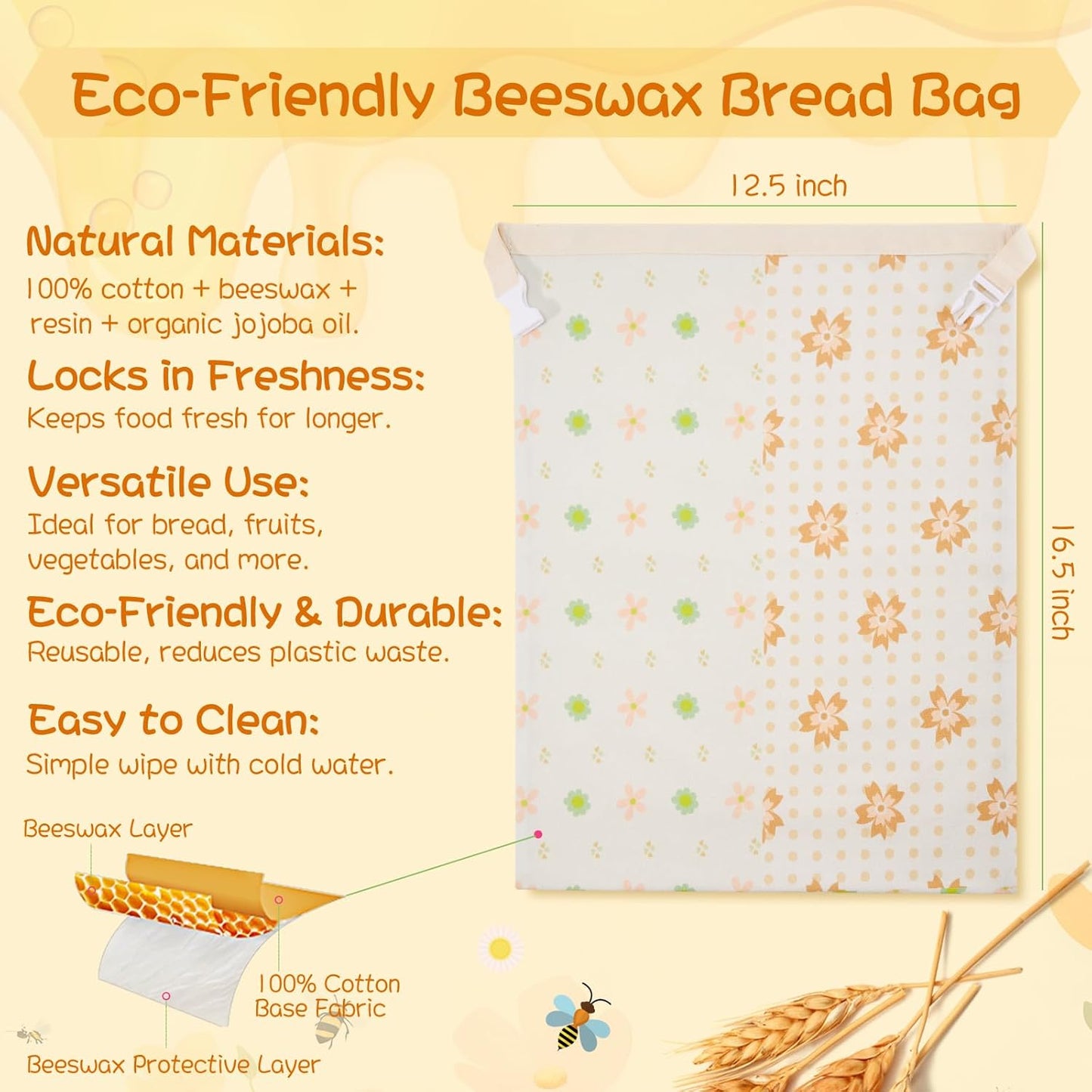 Reusable Beeswax Bread Bags & Food Wraps – Sustainable Kitchen Storage for Homemade Bread, Organic Cotton Bags for Fresh Food
