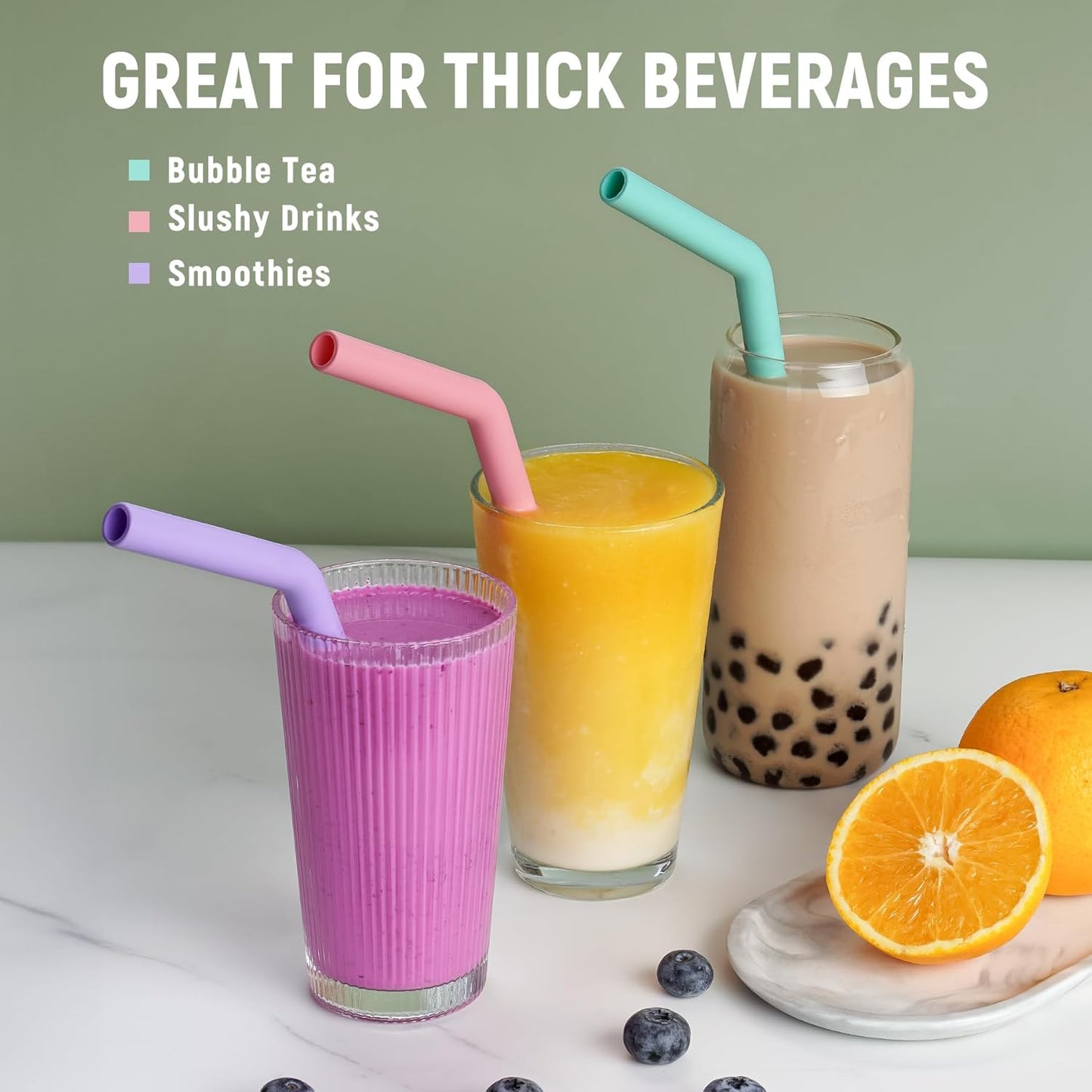 NiHome 6-Pack Extra Wide Reusable Bent Silicone Straws for Boba, Smoothies, Bubble Tea, Bent Straws Eco-Friendly & Colorful for Thick Drinks, Child-Safe, Customizable Length, 2 Brushes Easy Cleaning