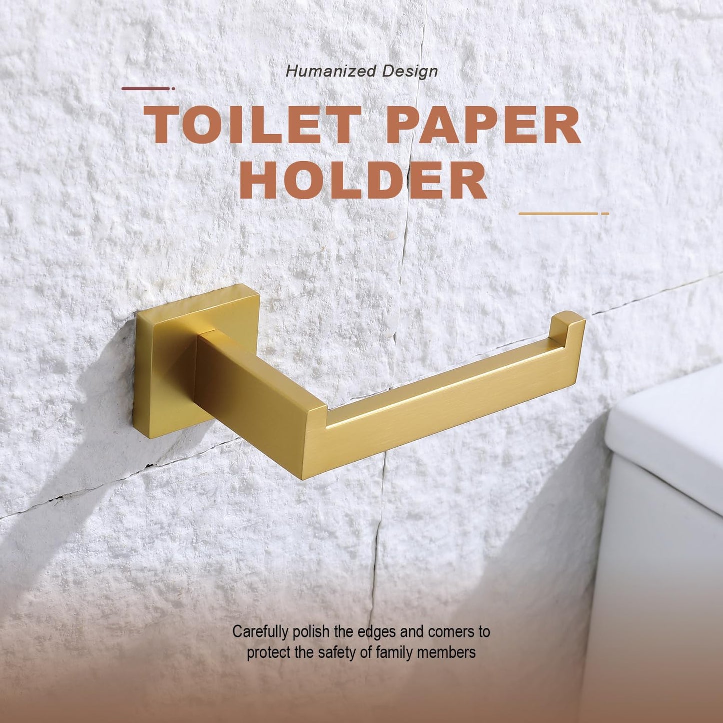 TASTOS Toilet Paper Holder Brushed Gold, Toilet Tissue Roll Holders Dispenser and Hangers Wall Mounted for Bathroom & Kitchen, Stainless Steel Modern Square Style 2 Pack