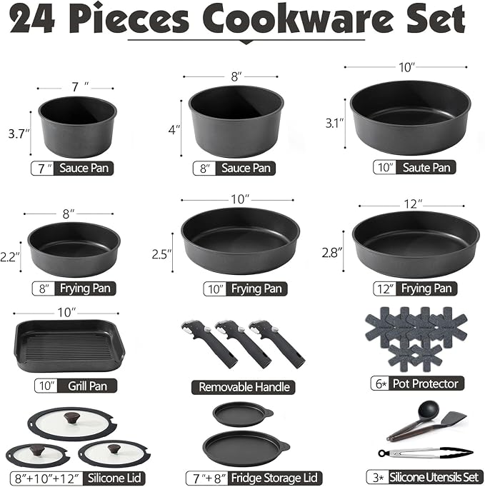 SENSARTE 24 Piece Pots and Pans Set, Nonstick Detachable Handle Cookware - Image 2