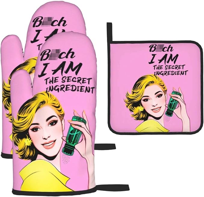 Cute Pink Oven Mitts and Pot Holders Set of 3, Heat Resistant Non-Slip Funny by Unknown