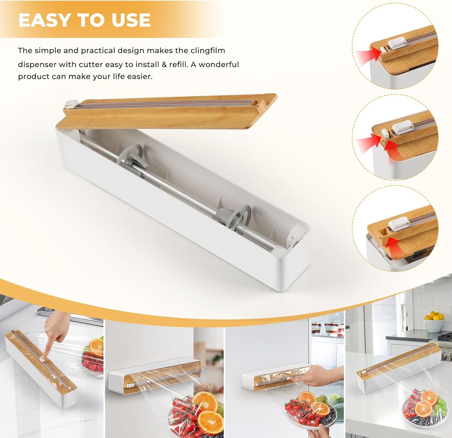 Magnetic Plastic Wrap Dispenser with Cutter - Quasziwa Upgrade Practical Refillable Cling Wrap Aluminum Tin Foil Organizer for Drawer, Include an Extra Roll of 12"X 164' Food Cling Film - Wood Grain